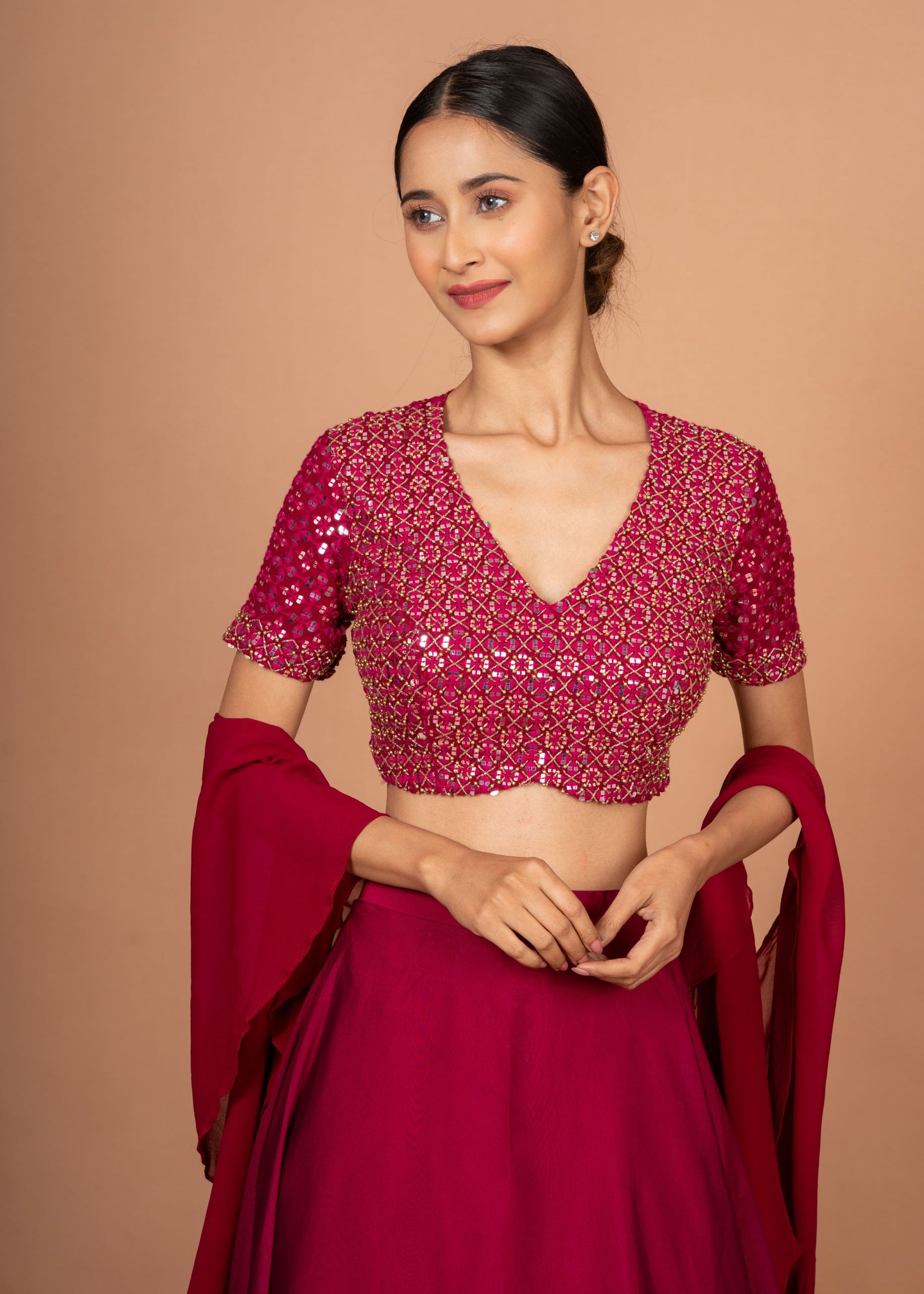 Dark Pink Designer Mirror Work Lehenga Front
