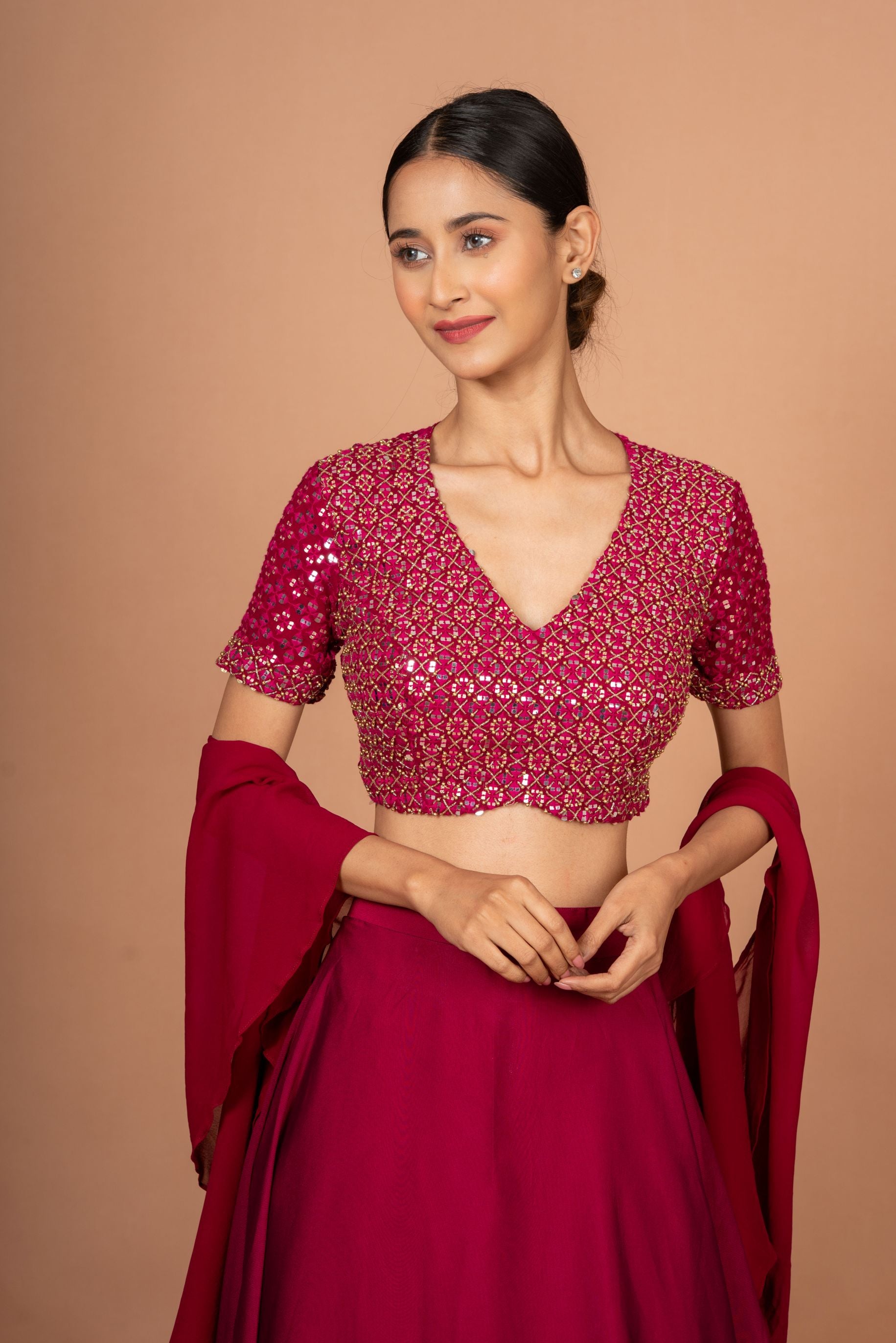 Dark Pink Designer Mirror Work Lehenga Front
