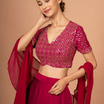 Dark Pink Designer Mirror Work Lehenga Close Up
