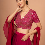 Dark Pink Designer Mirror Work Lehenga Close Up
