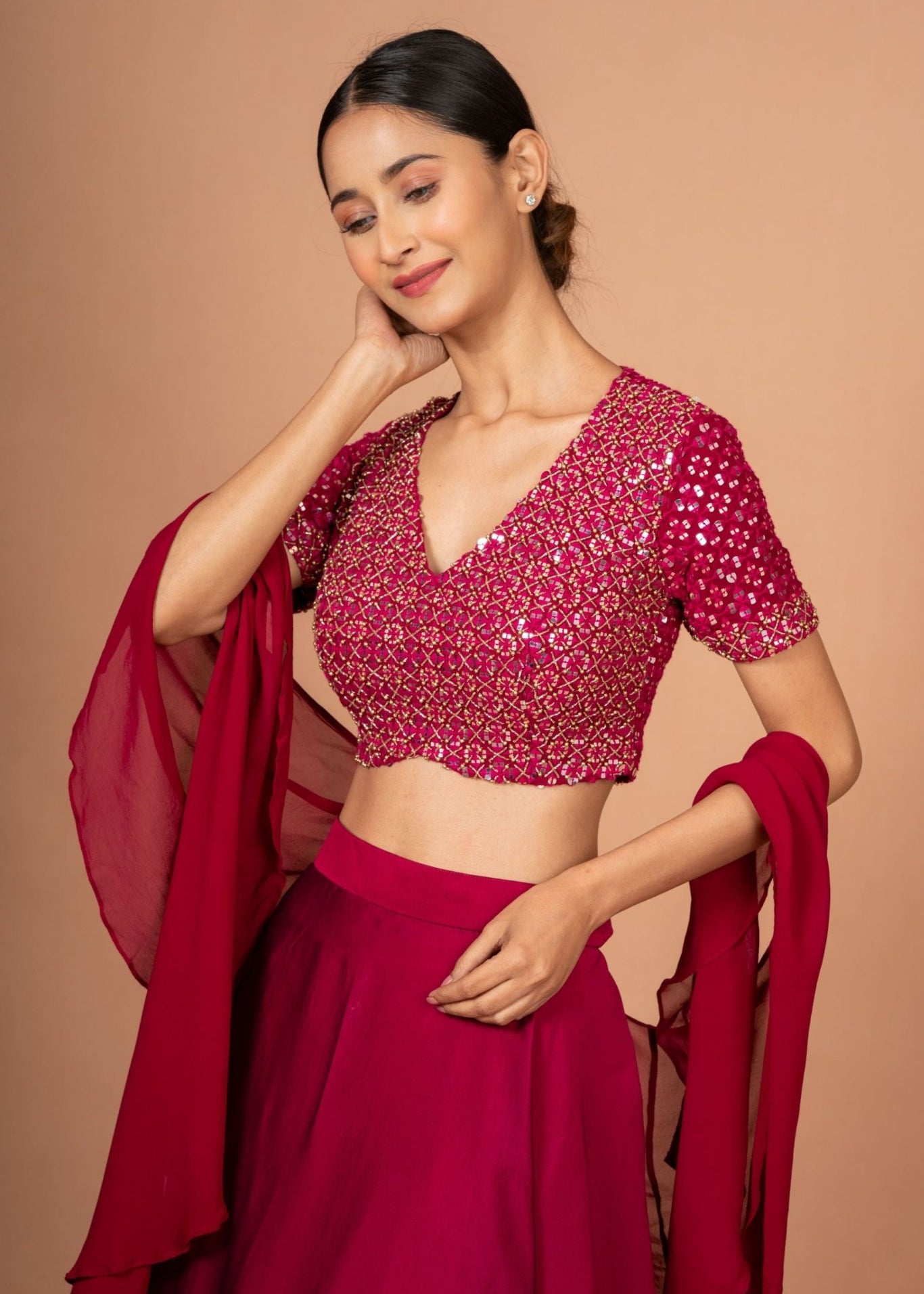 Dark Pink Designer Mirror Work Lehenga - Anvi Couture