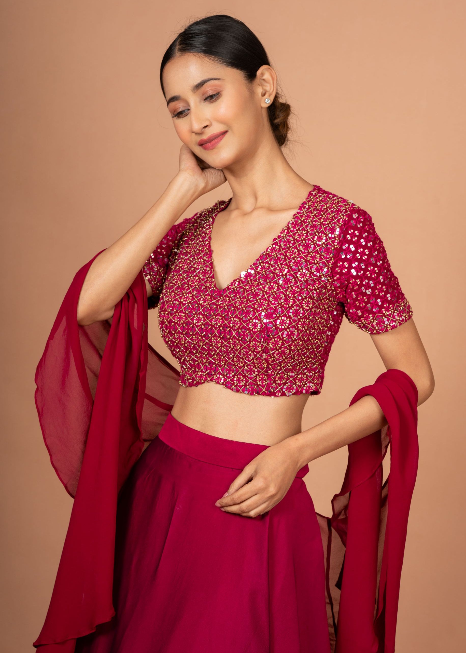 Dark Pink Designer Mirror Work Lehenga Close Up
