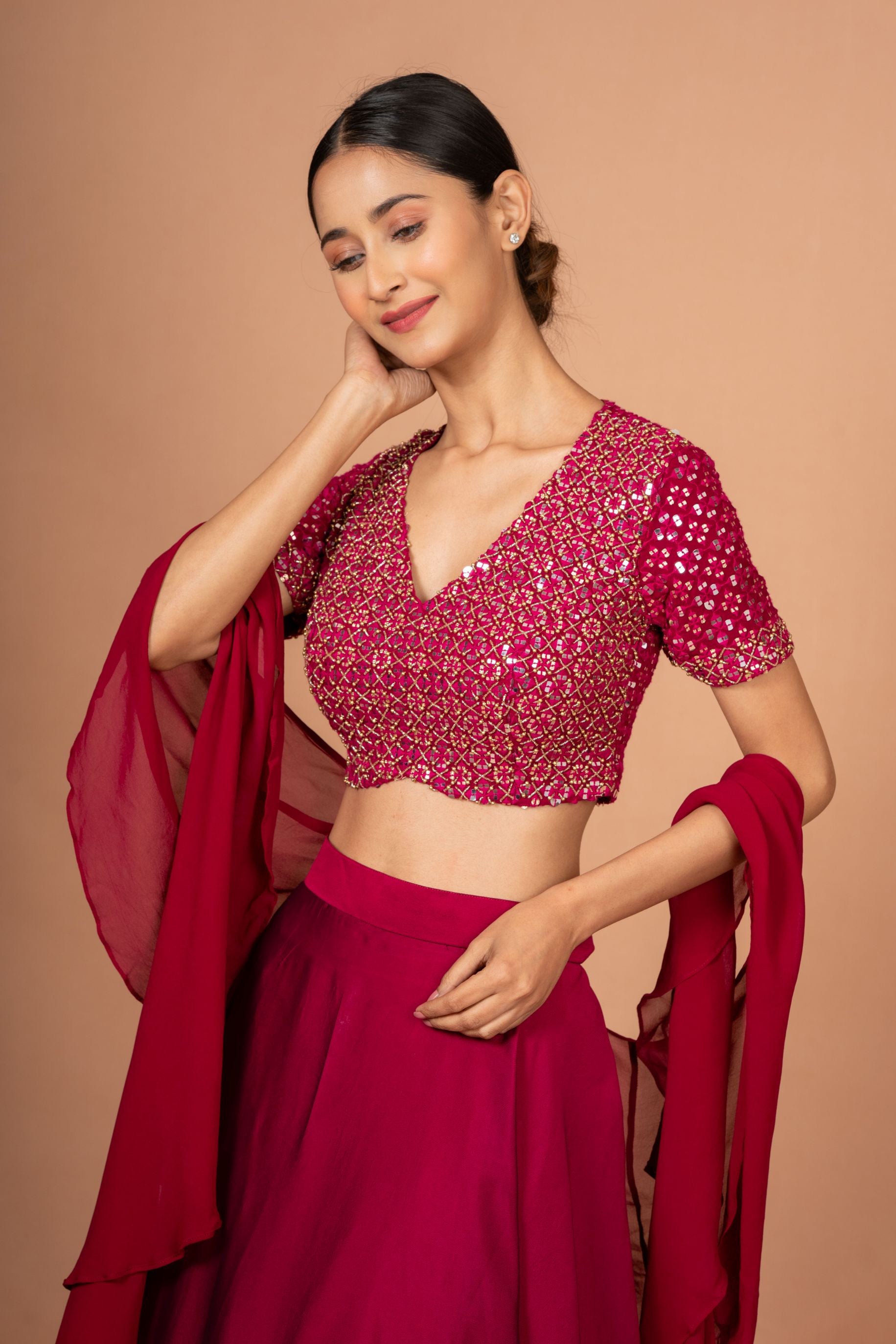 Dark Pink Designer Mirror Work Lehenga Close Up
