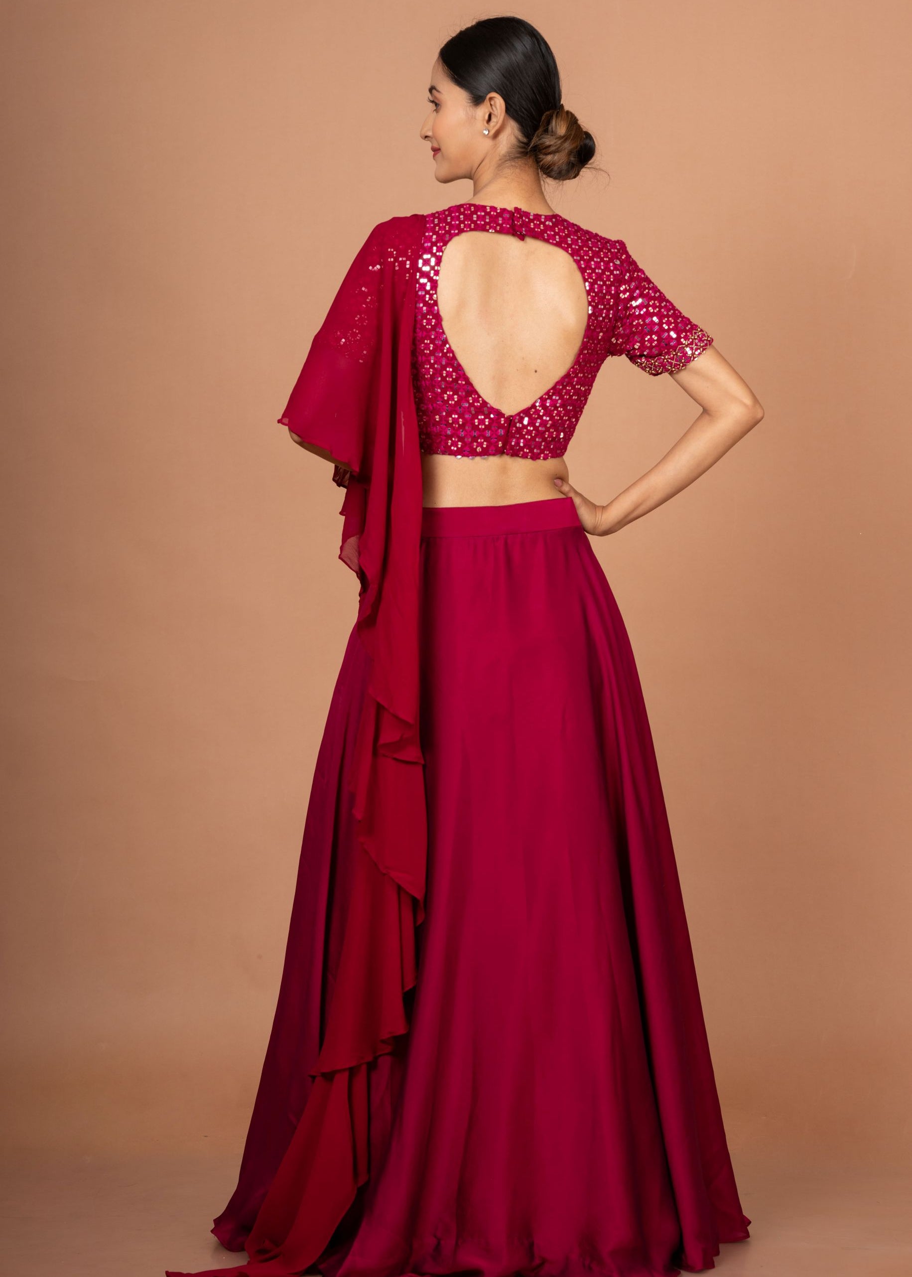 Dark Pink Designer Mirror Work Lehenga Back 
