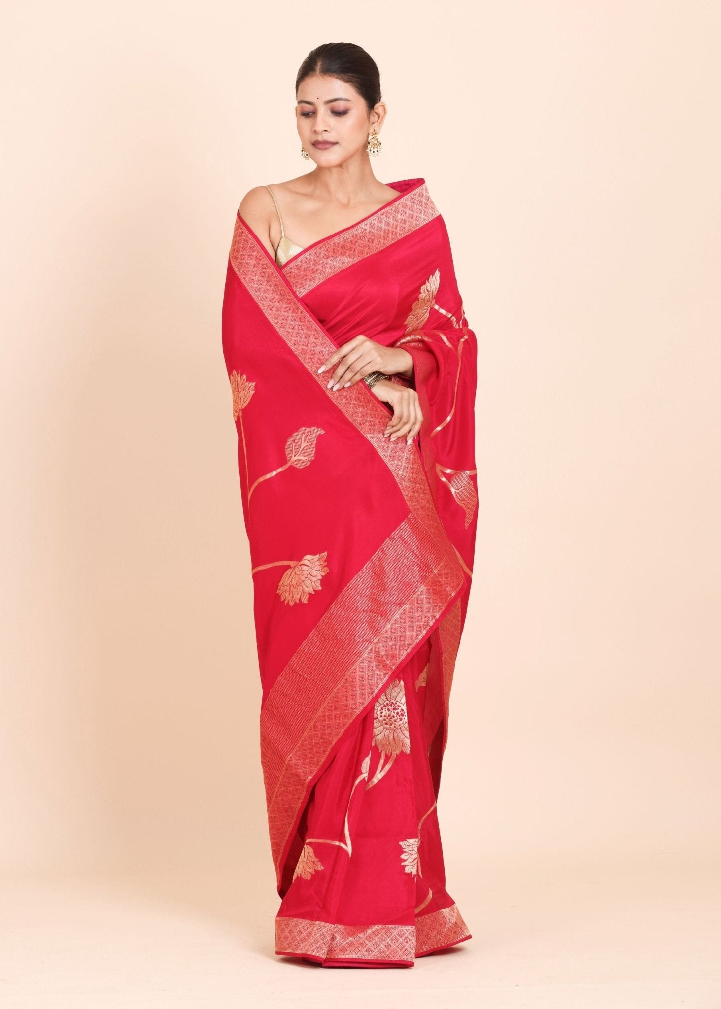 Dark Pink and Golden Dola Silk Saree with Floral Weaving - Anvi Couture