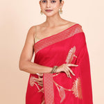 Dark Pink and Golden Dola Silk Saree with Floral Weaving - Anvi Couture