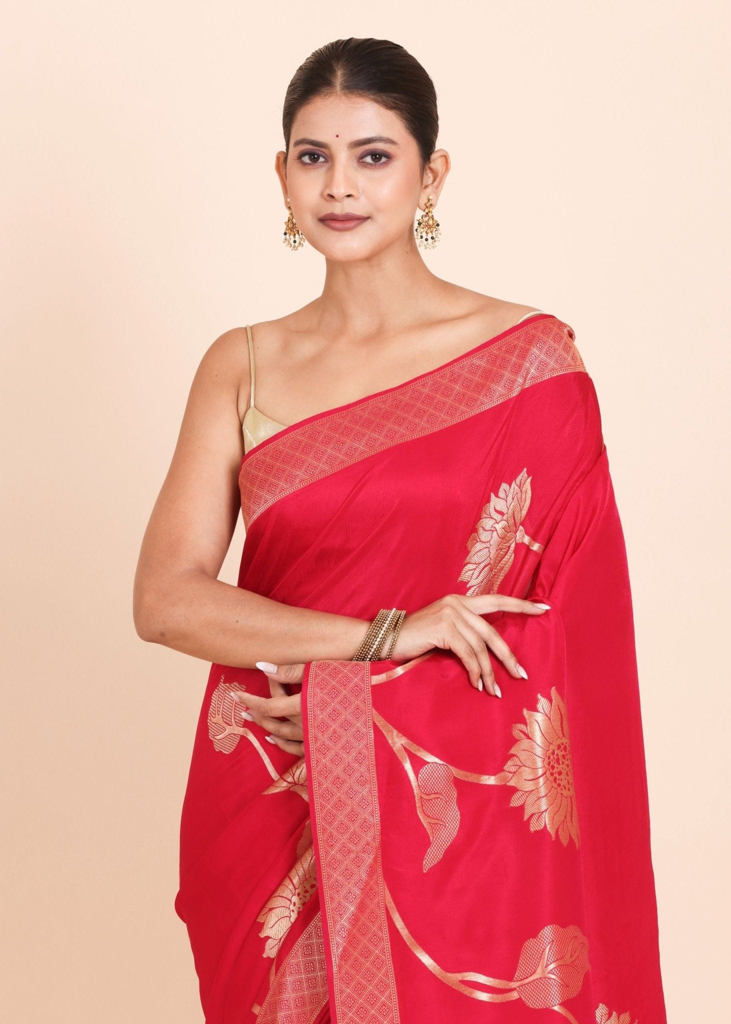 Dark Pink and Golden Dola Silk Saree with Floral Weaving - Anvi Couture