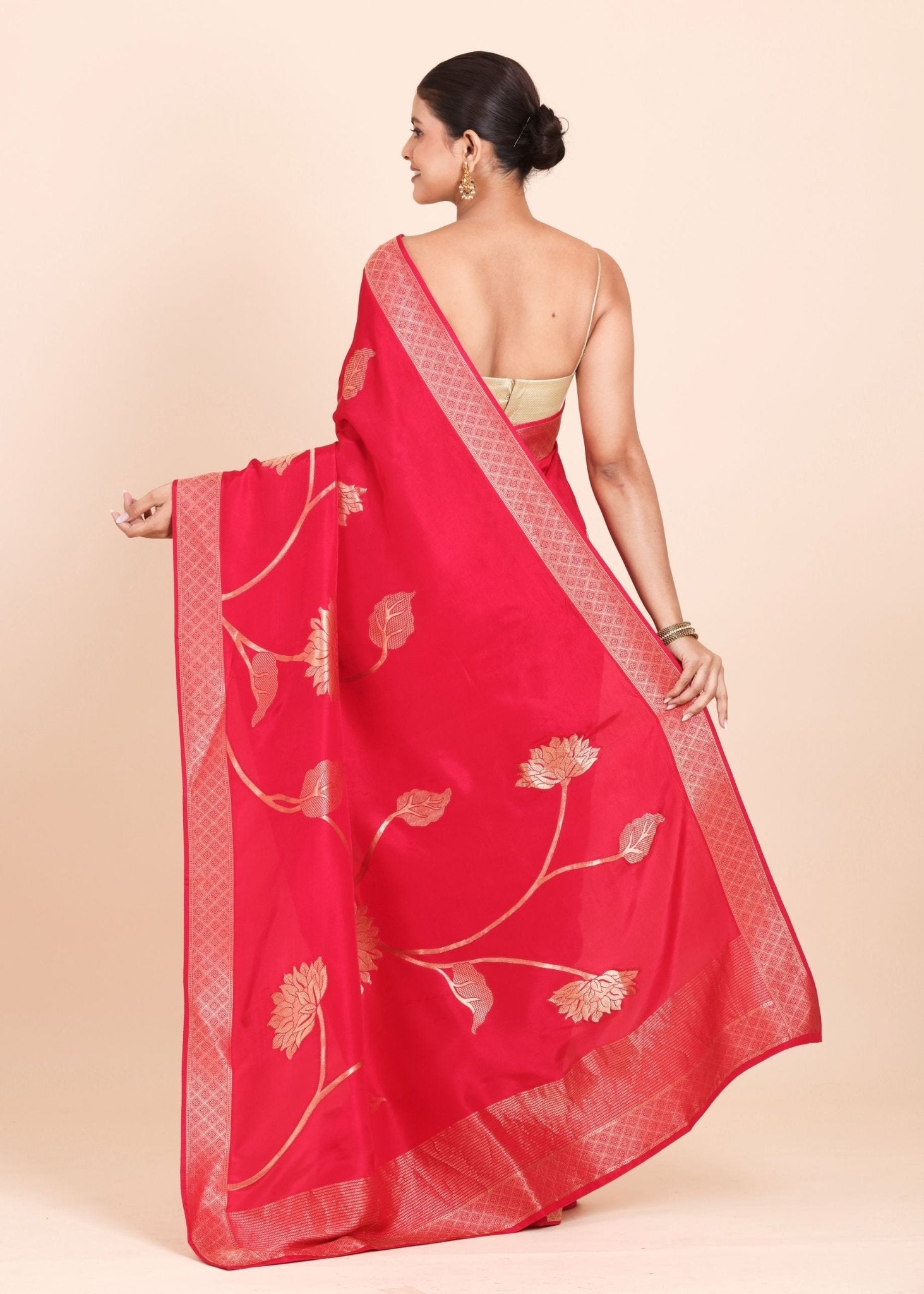 Dark Pink and Golden Dola Silk Saree with Floral Weaving - Anvi Couture