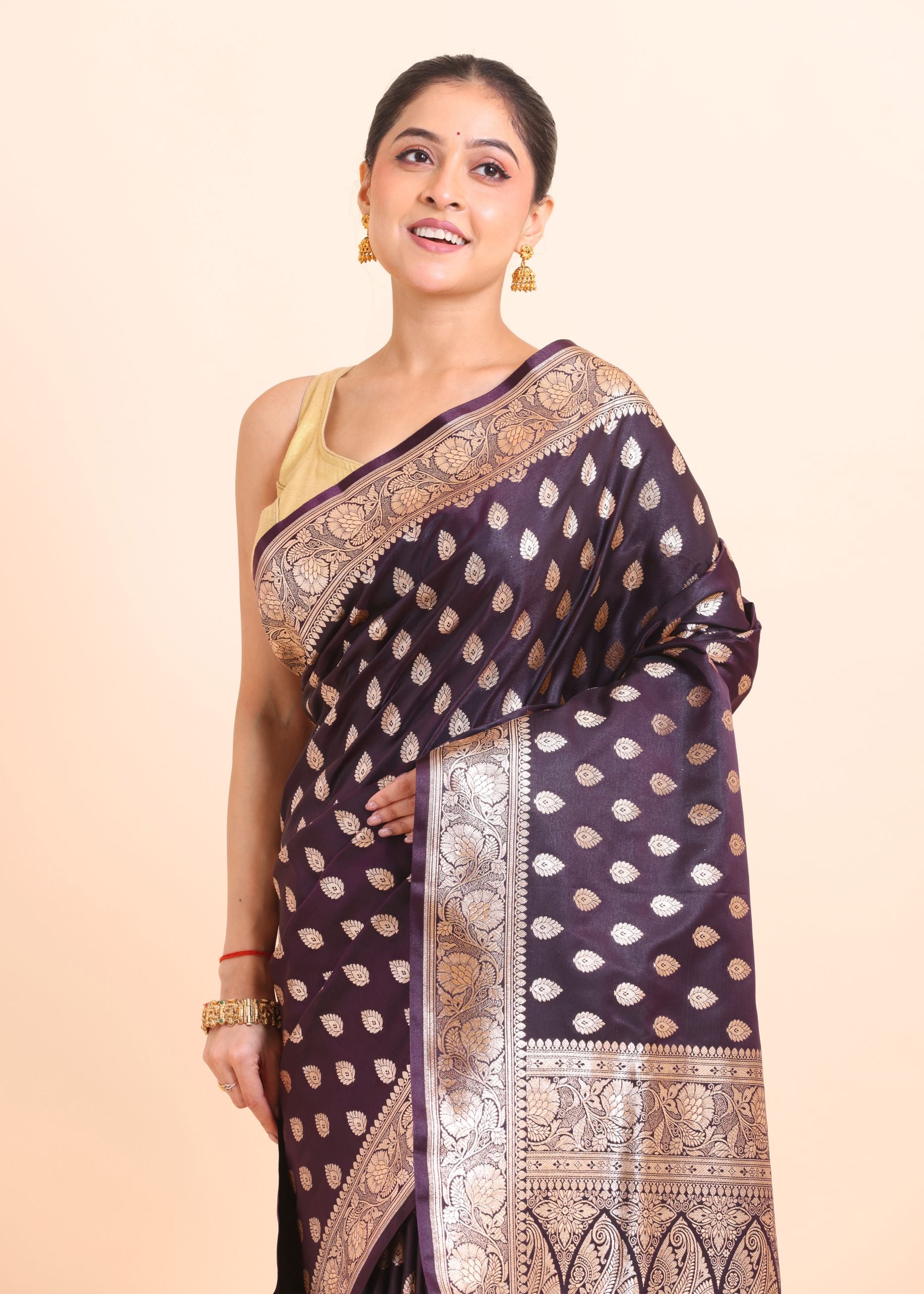 Dark Purple Bridal Handloom Banarasi Silk Saree close up