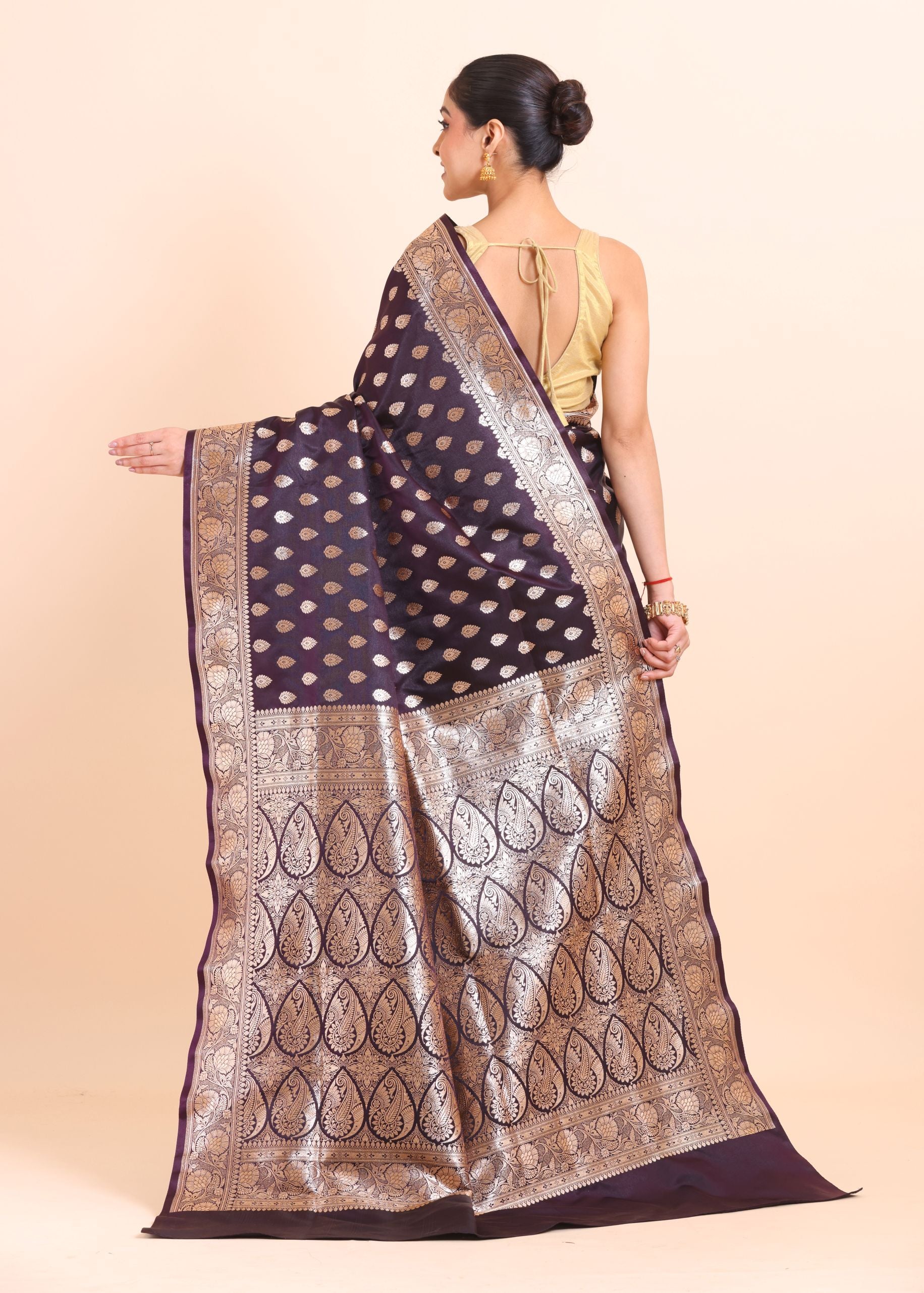 Dark Purple Bridal Handloom Banarasi Silk Saree back