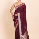 Dark Purple Dola Silk Saree with Golden Floral Weaving - Anvi Couture