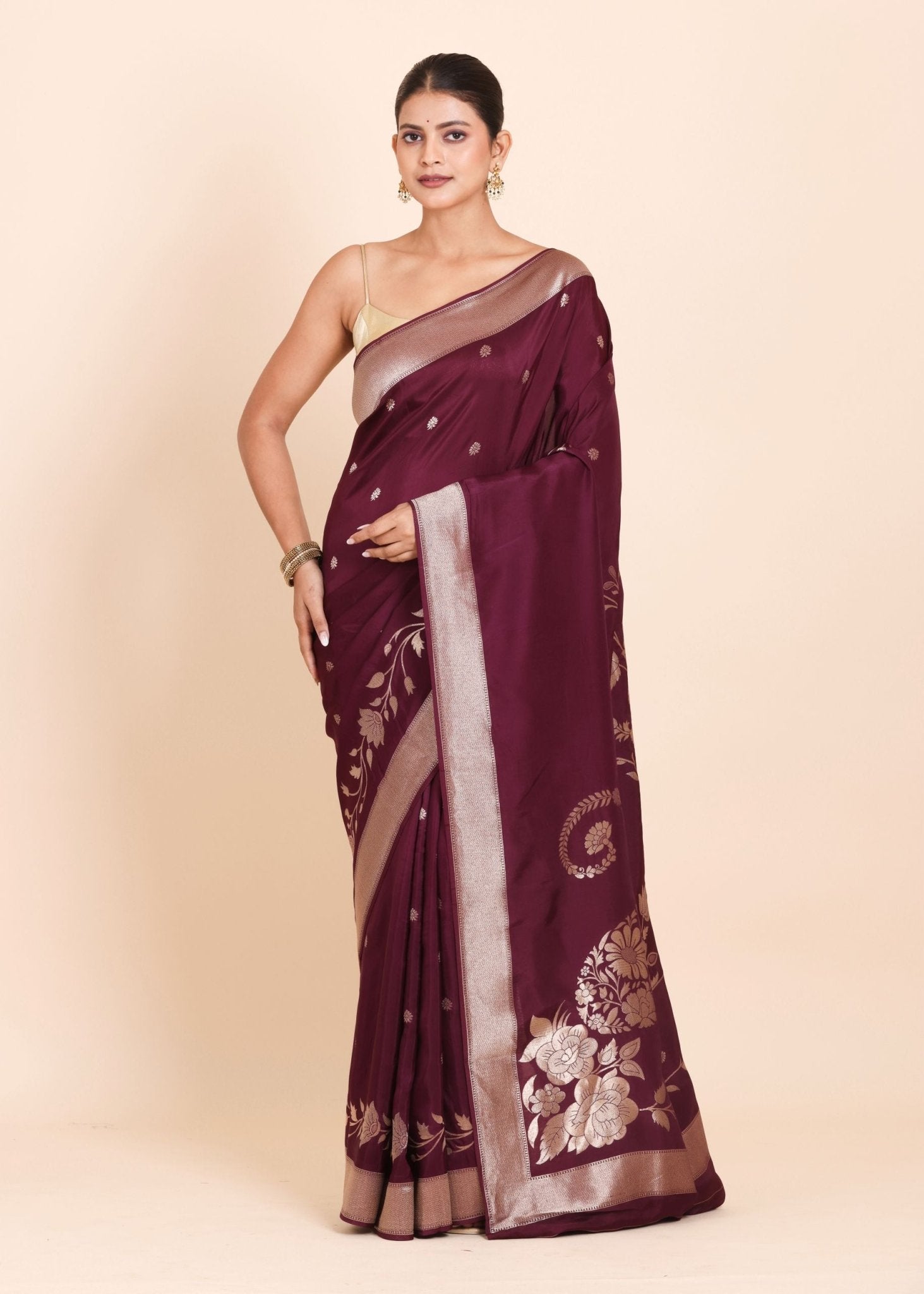 Dark Purple Dola Silk Saree with Golden Floral Weaving - Anvi Couture