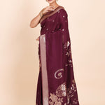 Dark Purple Dola Silk Saree with Golden Floral Weaving - Anvi Couture