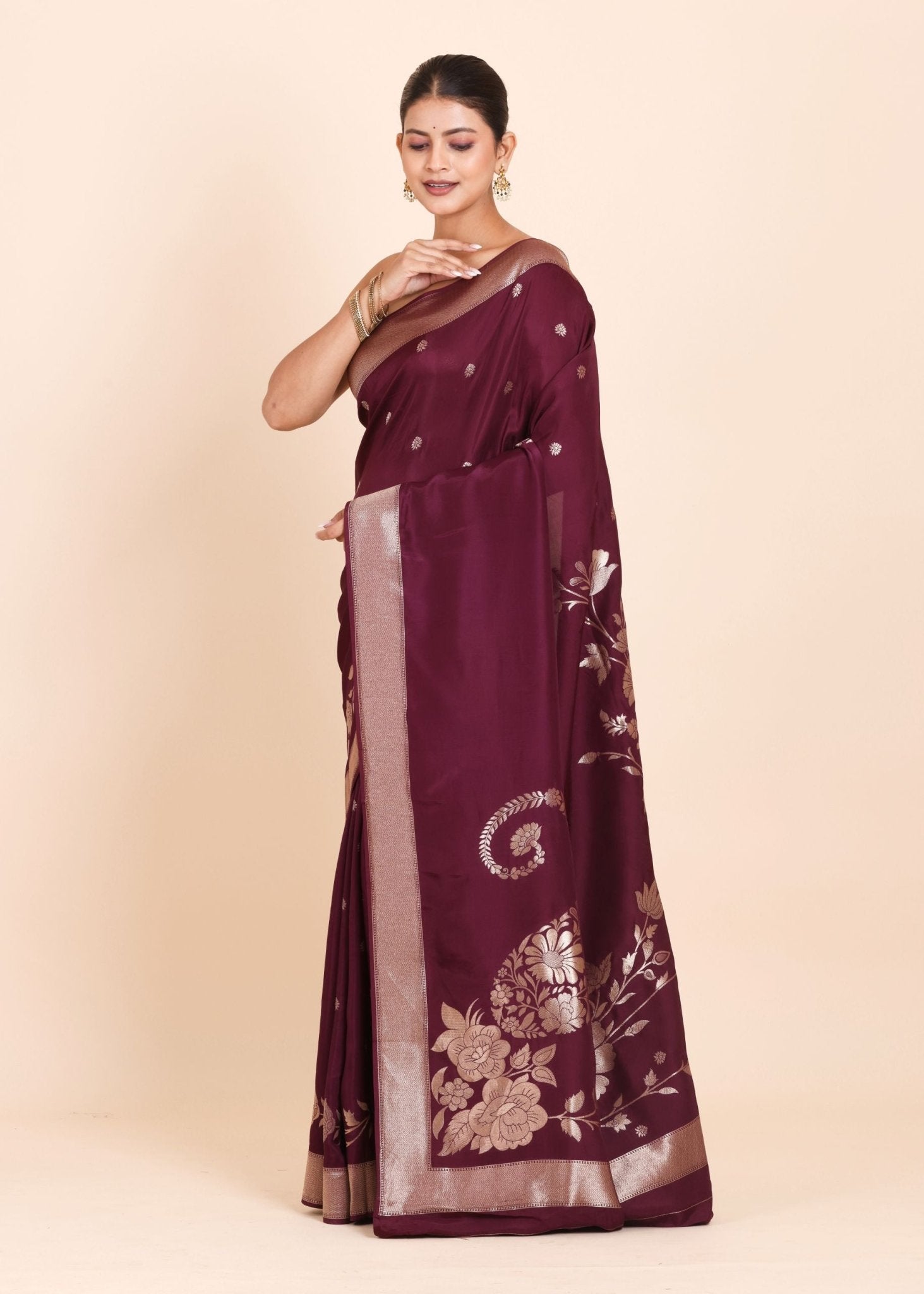 Dark Purple Dola Silk Saree with Golden Floral Weaving - Anvi Couture
