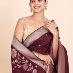 Dark Purple Dola Silk Saree with Golden Floral Weaving - Anvi Couture