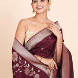 Dark Purple Dola Silk Saree with Golden Floral Weaving - Anvi Couture