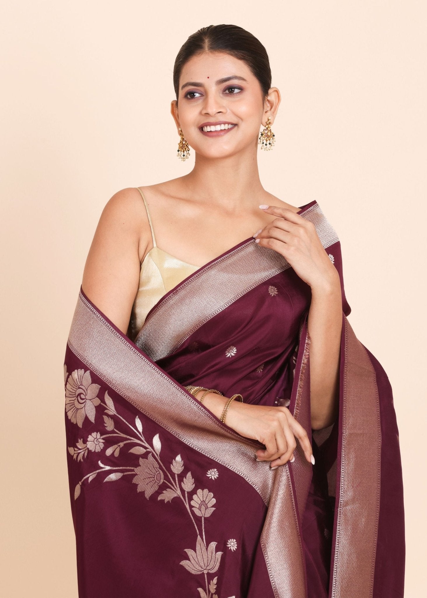 Dark Purple Dola Silk Saree with Golden Floral Weaving - Anvi Couture