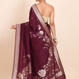 Dark Purple Dola Silk Saree with Golden Floral Weaving - Anvi Couture
