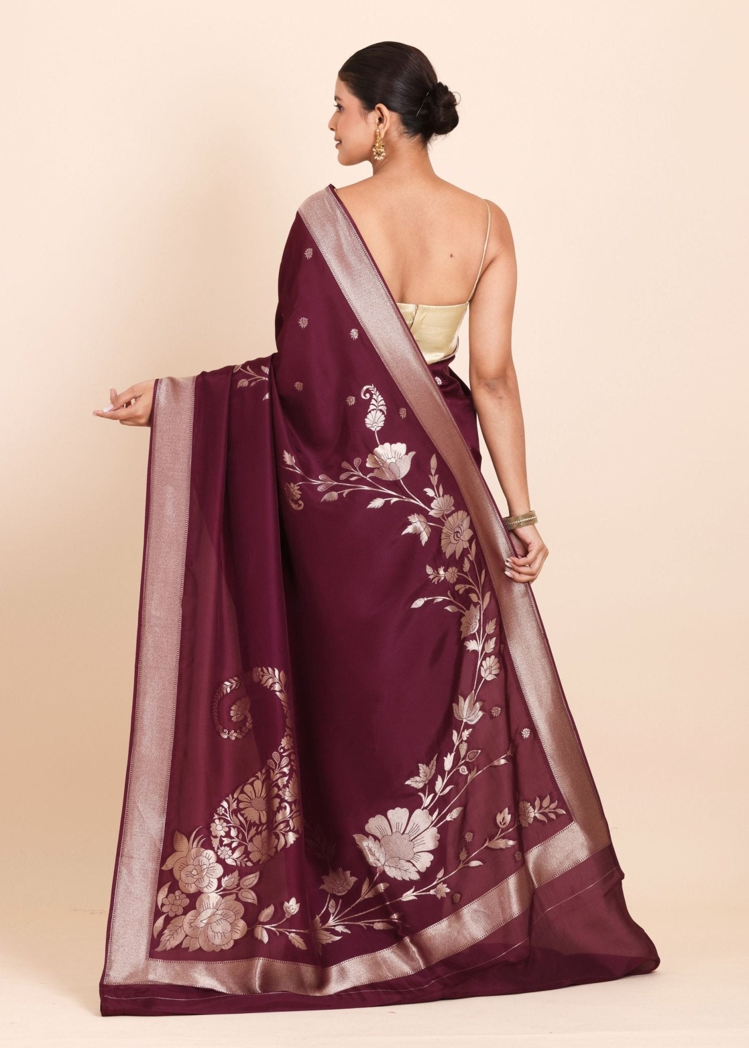 Dark Purple Dola Silk Saree with Golden Floral Weaving - Anvi Couture