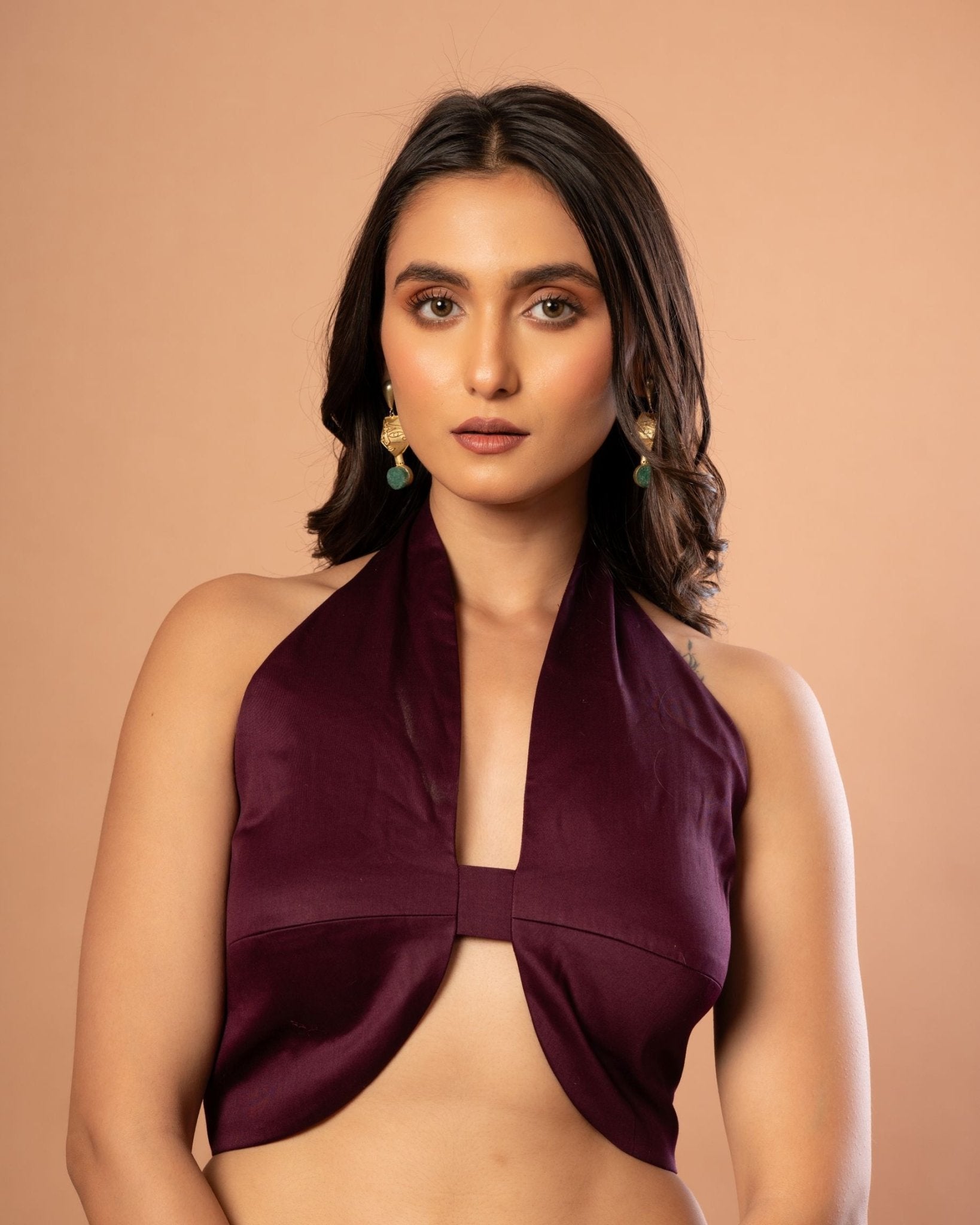 Dark Purple Halter Neck Sleeveless Blouse - Anvi Couture