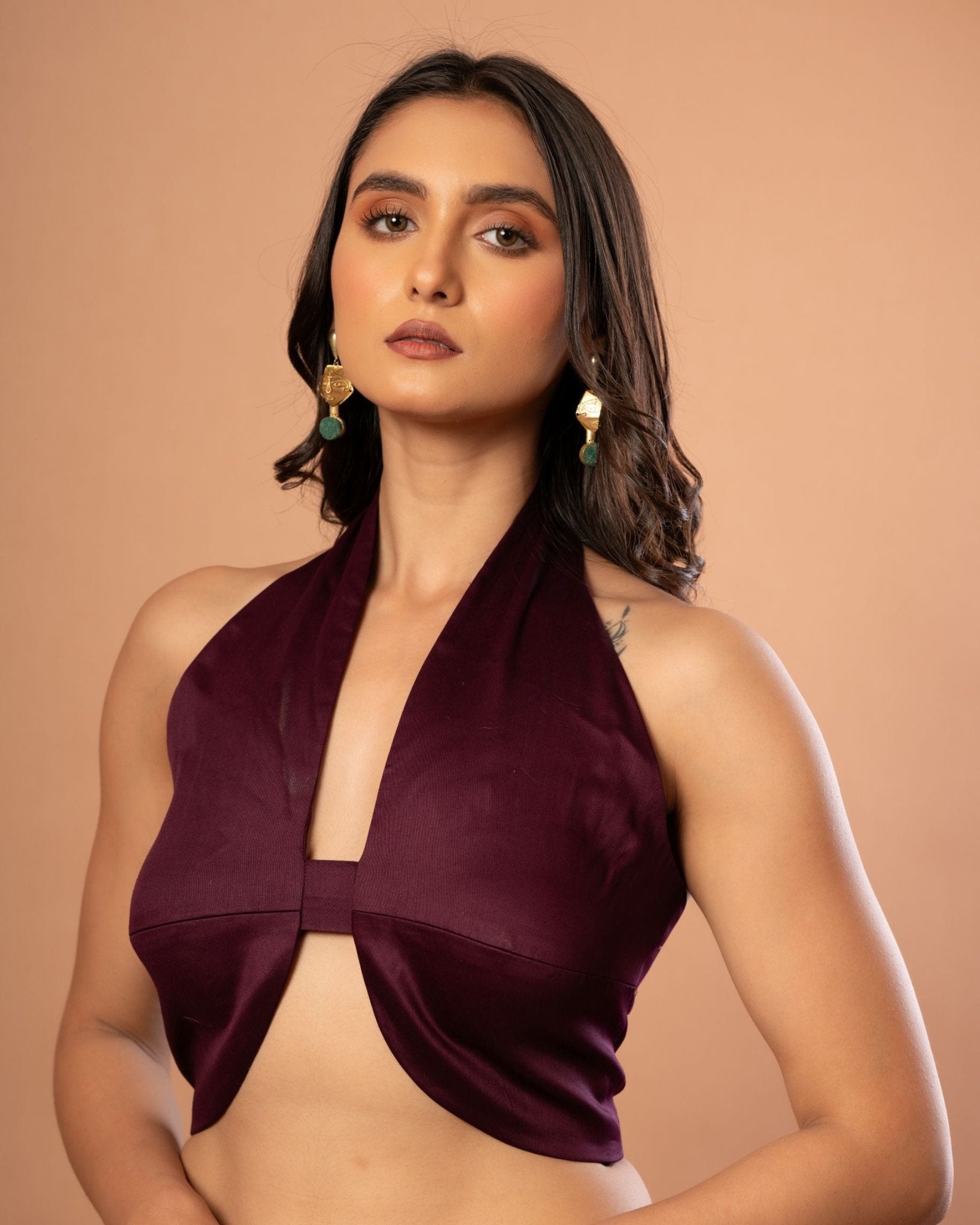 Dark Purple Halter Neck Sleeveless Blouse - Anvi Couture