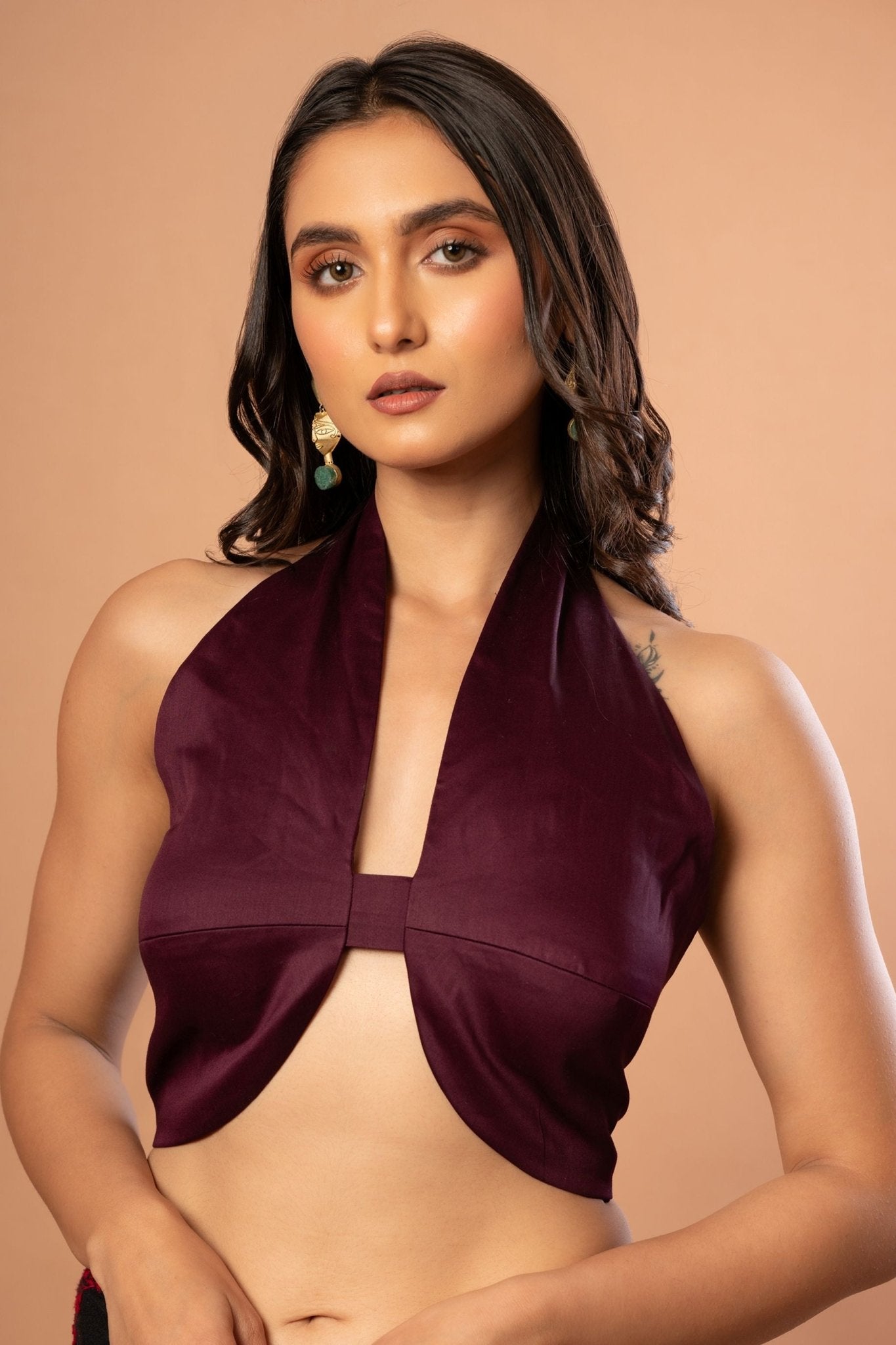 Dark Purple Halter Neck Sleeveless Blouse - Anvi Couture