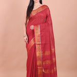 Dark Red Chanderi Silk Saree with Golden Border - Anvi Couture