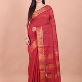 Dark Red Chanderi Silk Saree with Golden Border - Anvi Couture