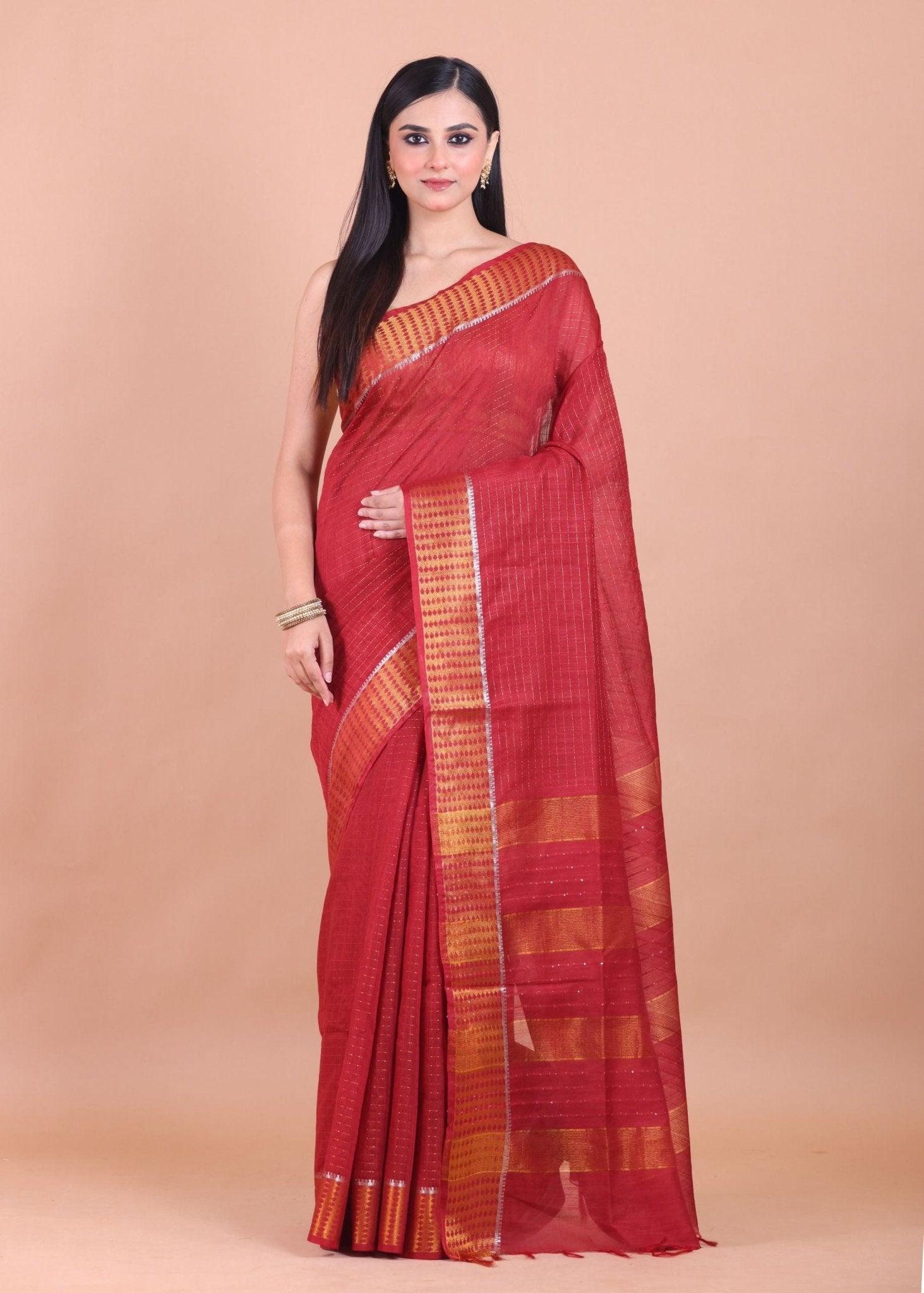 Dark Red Chanderi Silk Saree with Golden Border - Anvi Couture
