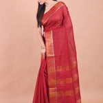 Dark Red Chanderi Silk Saree with Golden Border - Anvi Couture