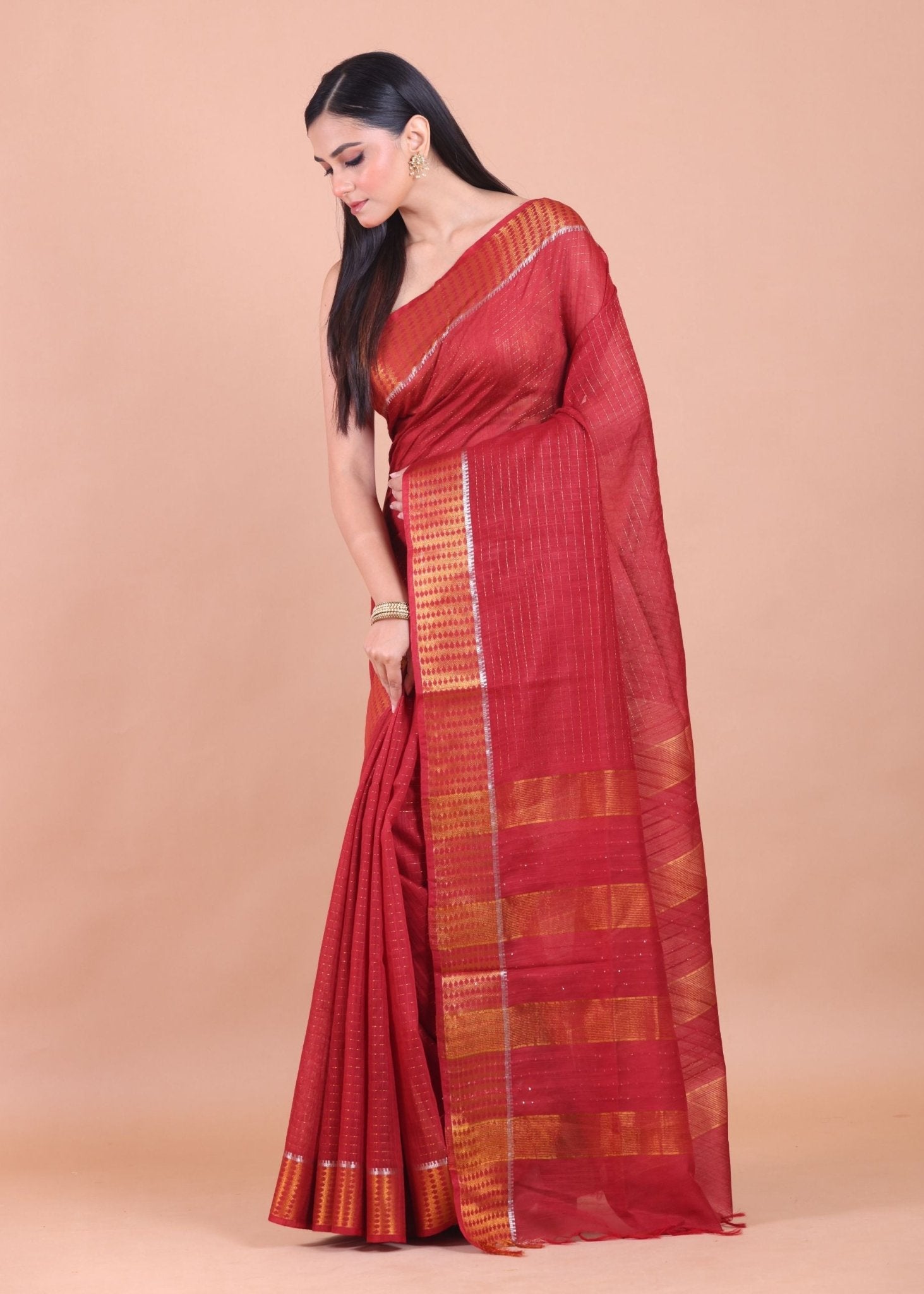 Dark Red Chanderi Silk Saree with Golden Border - Anvi Couture