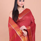 Dark Red Chanderi Silk Saree with Golden Border - Anvi Couture