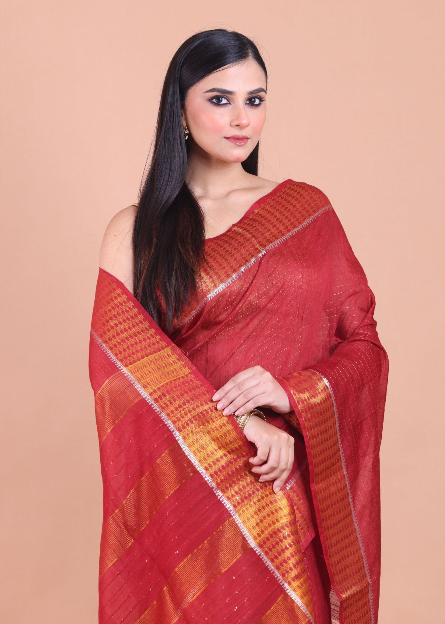 Dark Red Chanderi Silk Saree with Golden Border - Anvi Couture