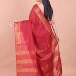 Dark Red Chanderi Silk Saree with Golden Border - Anvi Couture