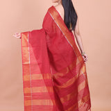 Dark Red Chanderi Silk Saree with Golden Border - Anvi Couture