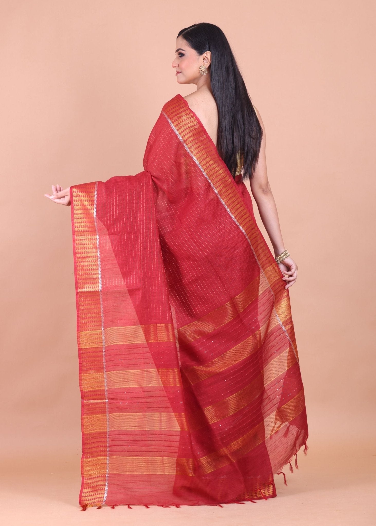 Dark Red Chanderi Silk Saree with Golden Border - Anvi Couture
