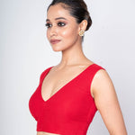 Dark Red V Neckline Sleeveless Blouse With V Back Closer - Anvi Couture