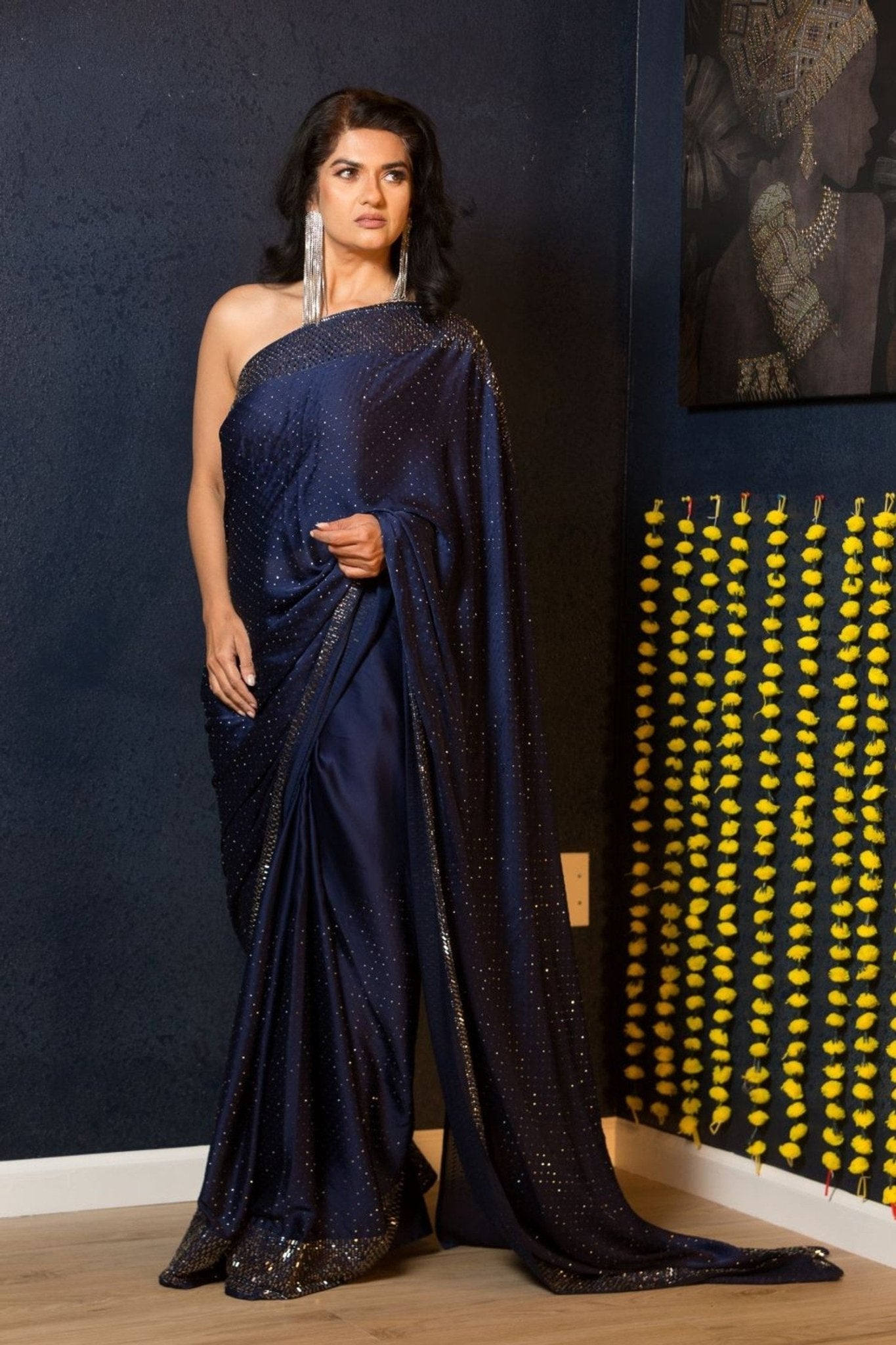 Blue Stardust Stonework Party Wear Crepe Saree - Anvi Couture