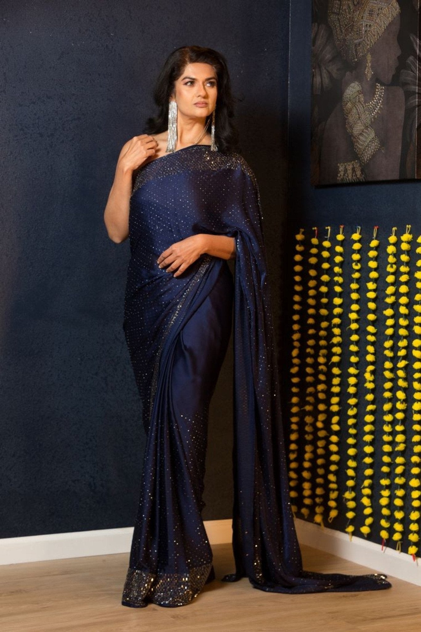 Blue Stardust Stonework Party Wear Crepe Saree - Anvi Couture