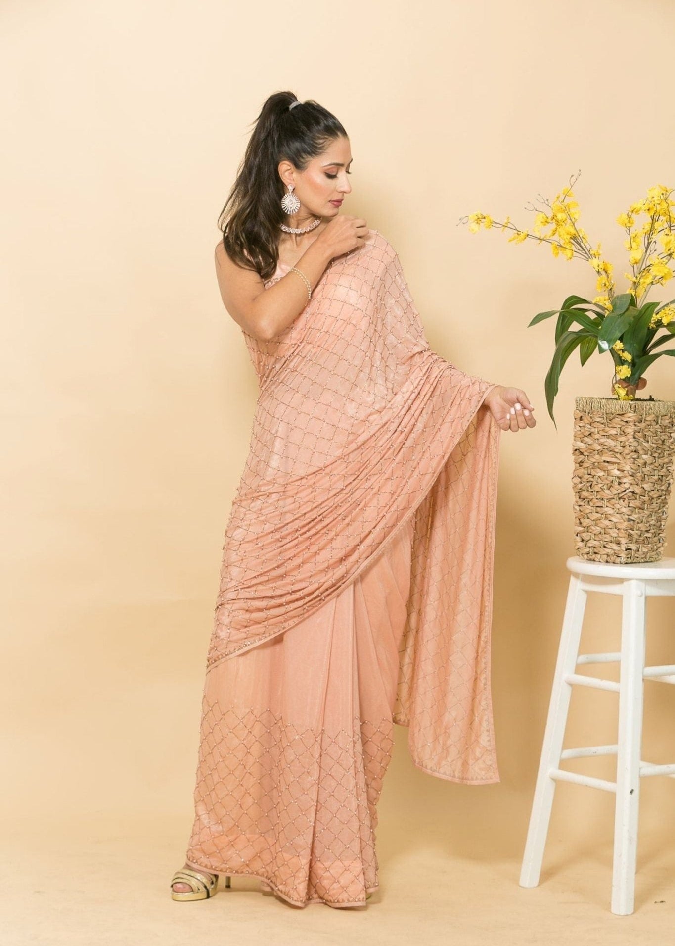 Peach Crepe Saree with Mukaish Embroidery and Small Pearl Design - Image 3