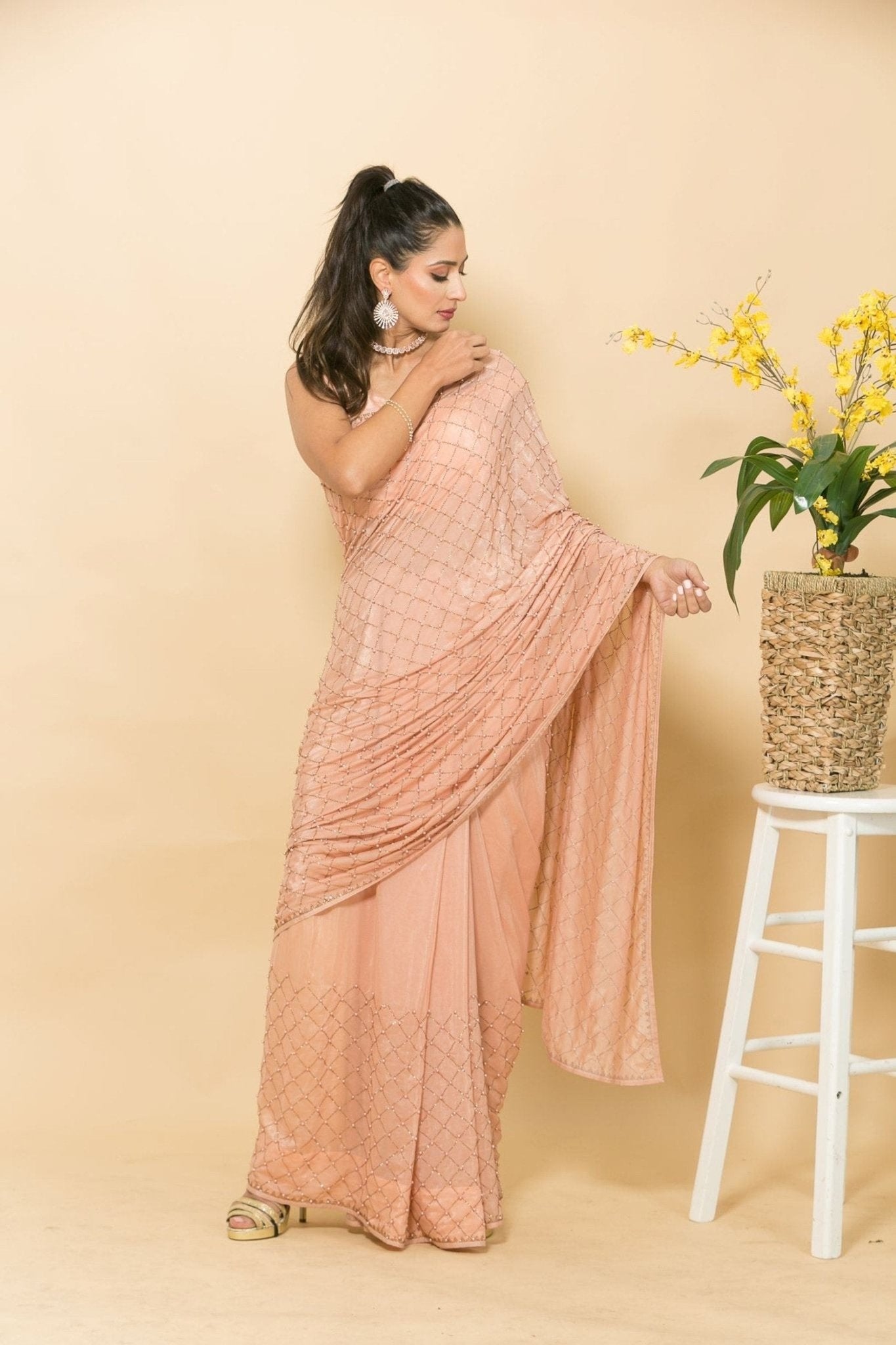 Peach Crepe Saree with Mukaish Embroidery and Small Pearl Design - Image 3