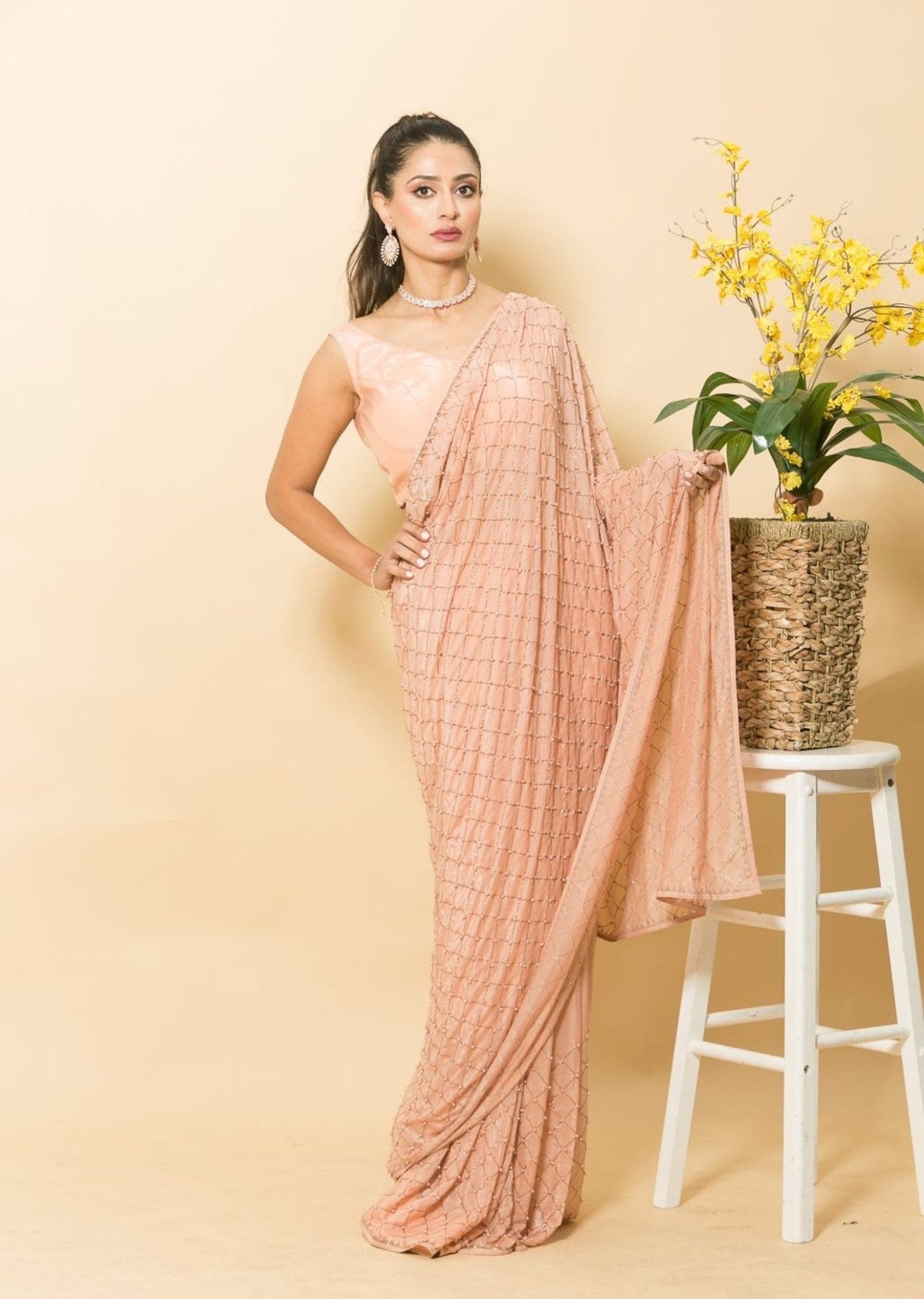 Peach Crepe Saree with Mukaish Embroidery and Small Pearl Design - Anvi Couture