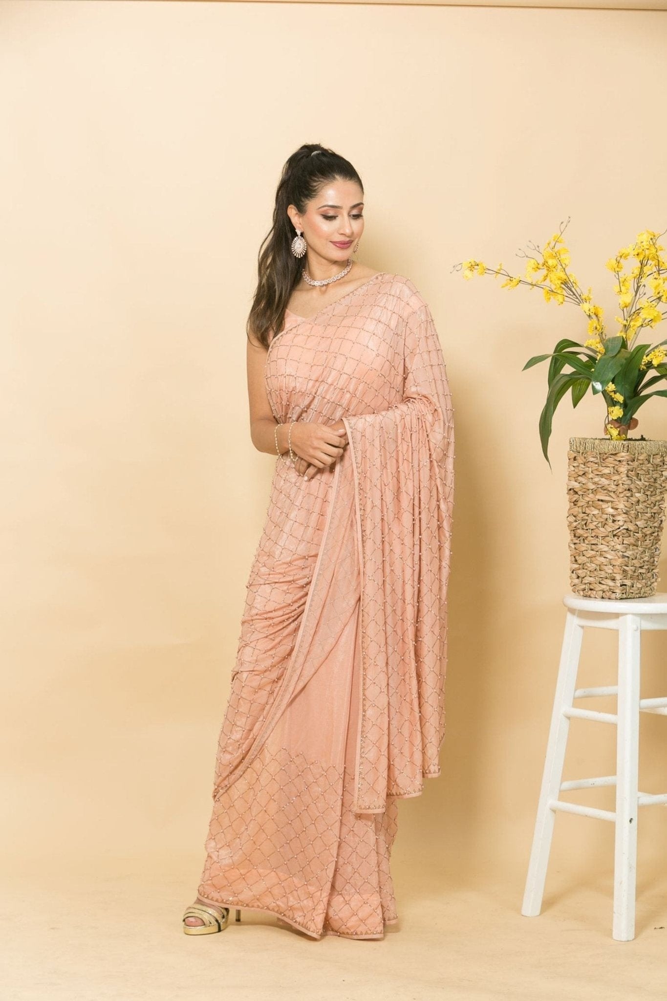 Peach Crepe Saree with Mukaish Embroidery and Small Pearl Design - Anvi Couture