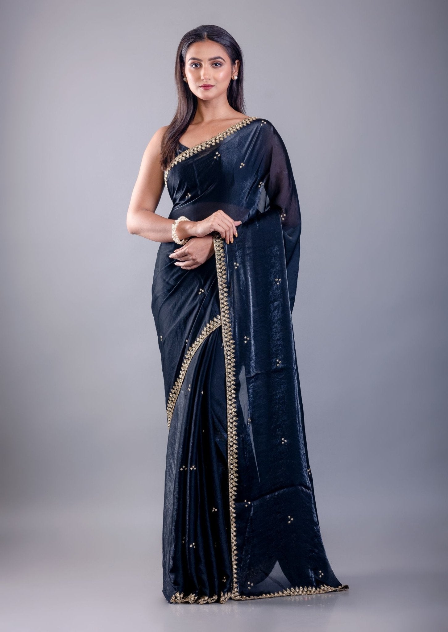 Deep Blue Satin Silk Saree with Hand Embroidered Cutdana Embellishment - Front View