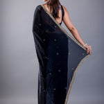 Deep Blue Satin Silk Saree with Hand Embroidered Cutdana Embellishment - Back Side