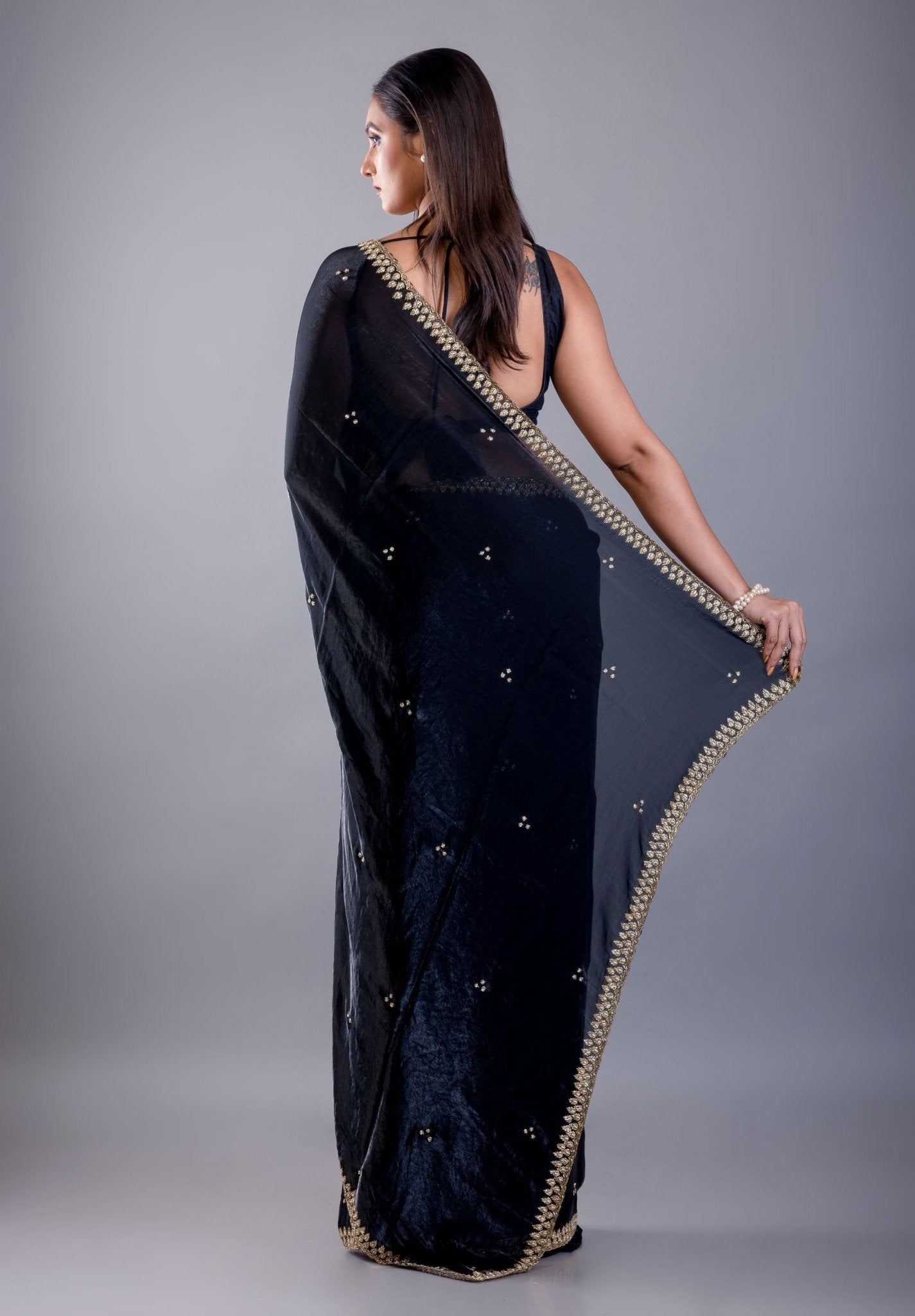 Deep Blue Satin Silk Saree with Hand Embroidered Cutdana Embellishment - Back Side