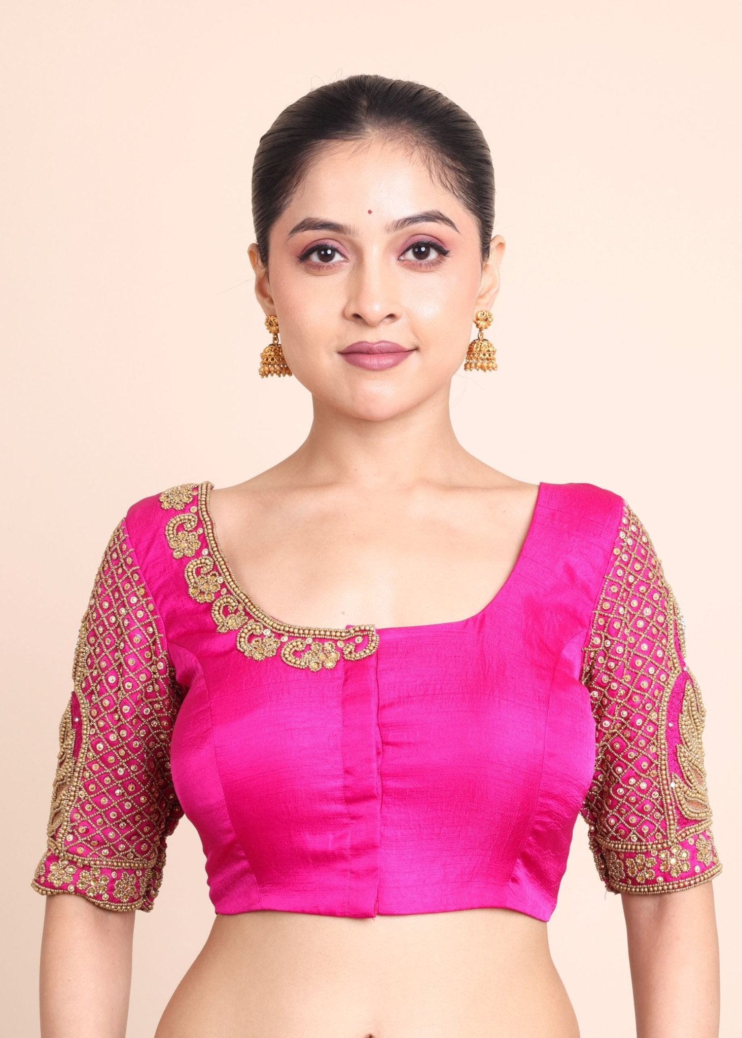 Deep Pink Bridal Aari Work Maggam Blouse - Anvi Couture