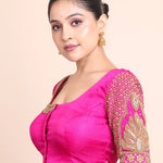 Deep Pink Bridal Aari Work Maggam Blouse Front