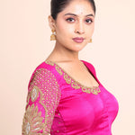 Deep Pink Bridal Aari Work Maggam Blouse side 