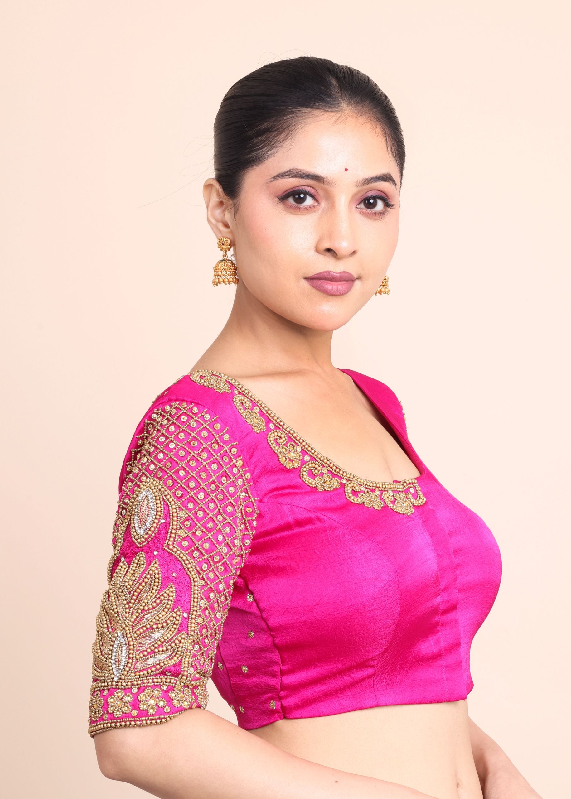 Deep Pink Bridal Aari Work Maggam Blouse side 